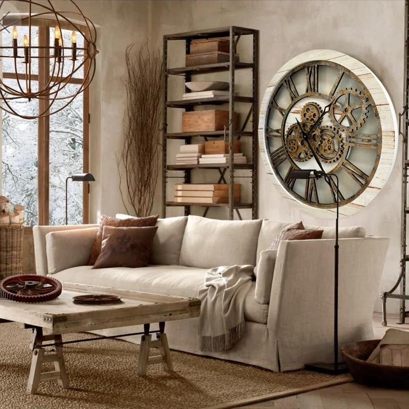 The Gears Clock Wall Clock 24" Round Oversized for Living Room decor with Real Moving Gears America Collection