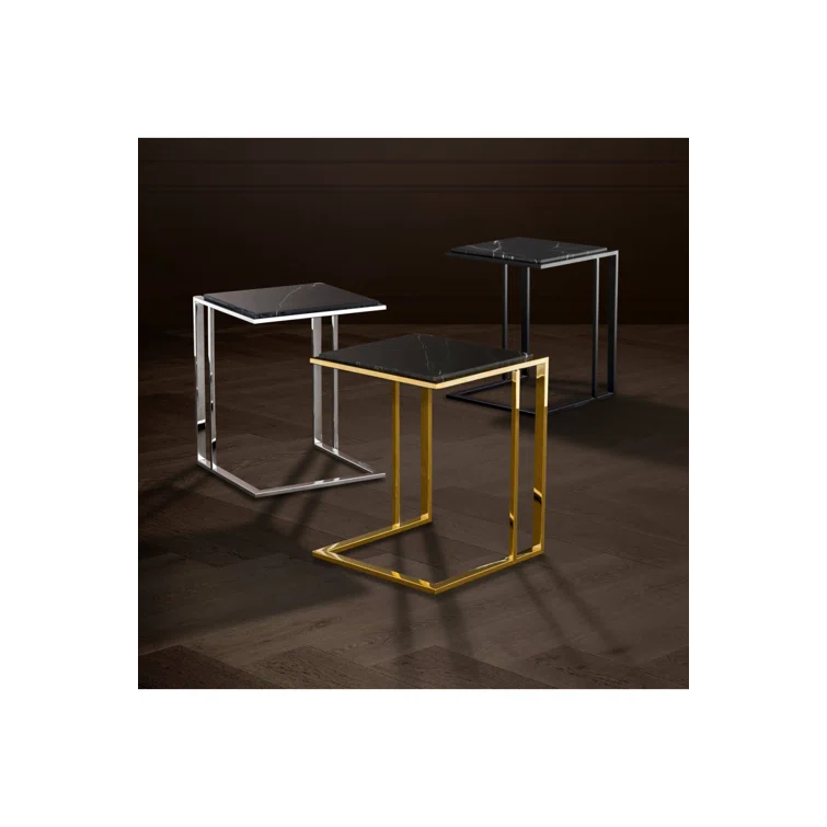 Sleek Silver Metal and Black Marble Square Accent Table