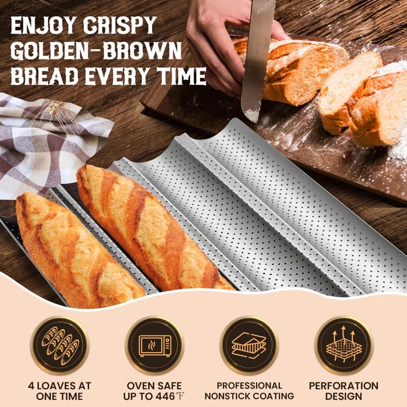 KAISHENGDAA Baguette Bread Pan, Premium Nonstick Perforated Baguette Pan For French Bread Baking, 4 Loaves Baguette Baking Tray For Sourdough, Italian Bread, Perfect For Creating Crisp Golden-Brown Crust