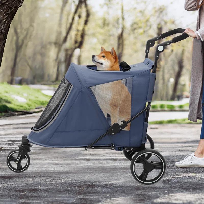 MoNiBloom Folding 3 Wheel Pet Stroller, Foldable Dog Jogger Stroller with Adjustable Handlebar and Mesh Window