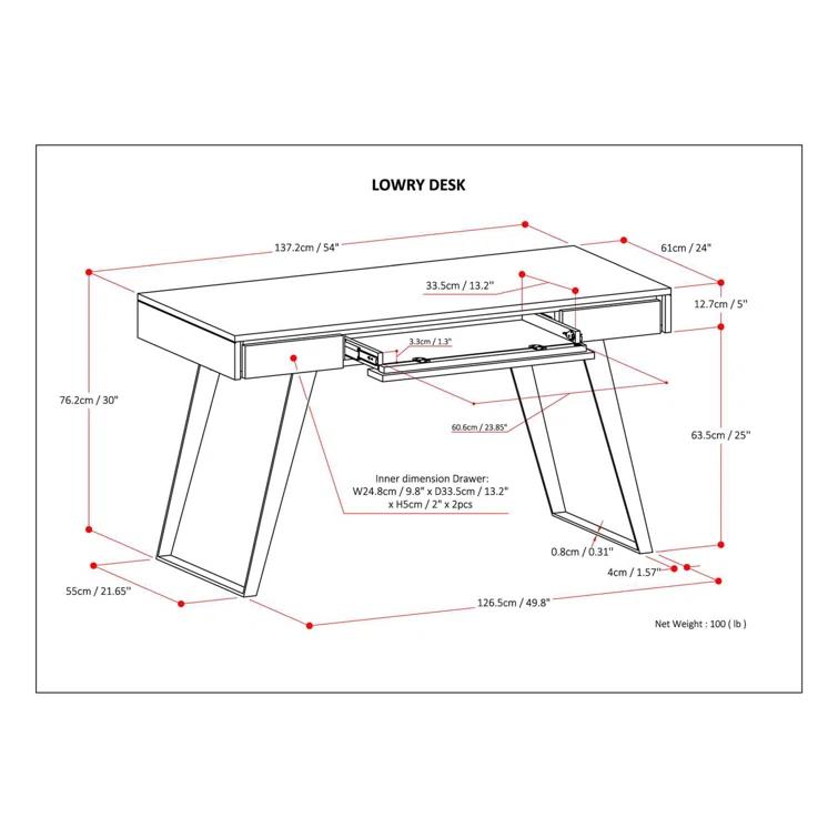 Simpli Home Lowry Solid Acacia Wood Desk, Industrial Style with Keyboard Tray and 2 Drawers