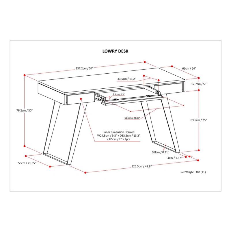 Simpli Home Lowry Solid Acacia Wood Desk, Industrial Style with Keyboard Tray and 2 Drawers