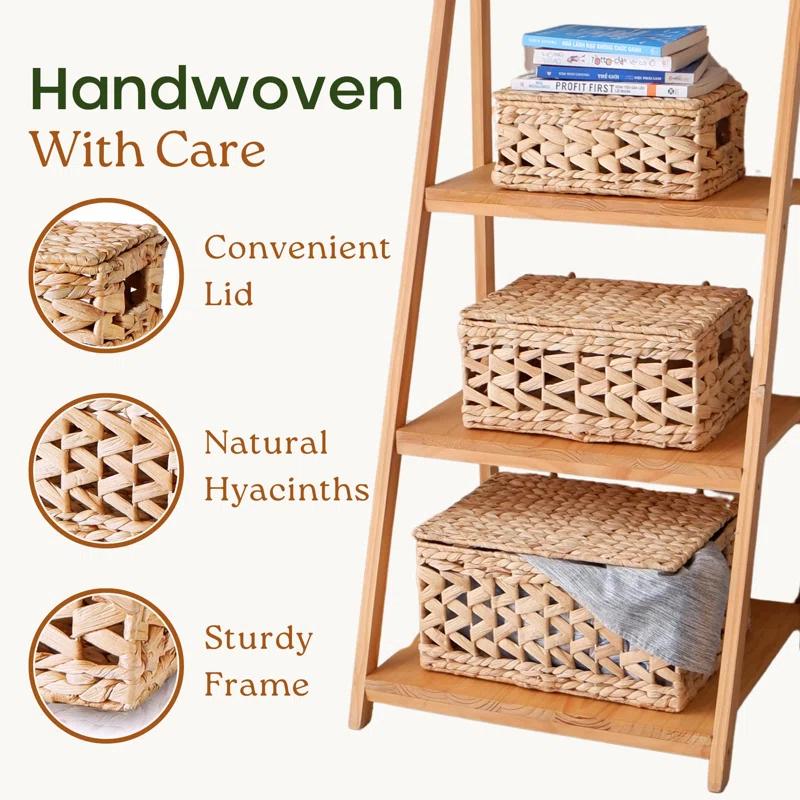 Gracie Oaks Wicker Storage Basket With Lid, Natural Decorative Wicker Basket For Shelf, Woven Baskets With Lids, 14In Lidded Basket, Rattan Storage Basket With Lid, Rattan Box Set Of 3 For Organizing