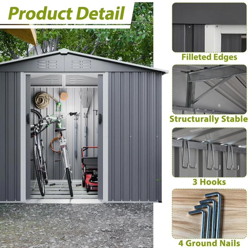 8X6 FT Outdoor Tool Storage Shed With Metal Foundation & Lockable Doors,  All Weather Metal Sheds