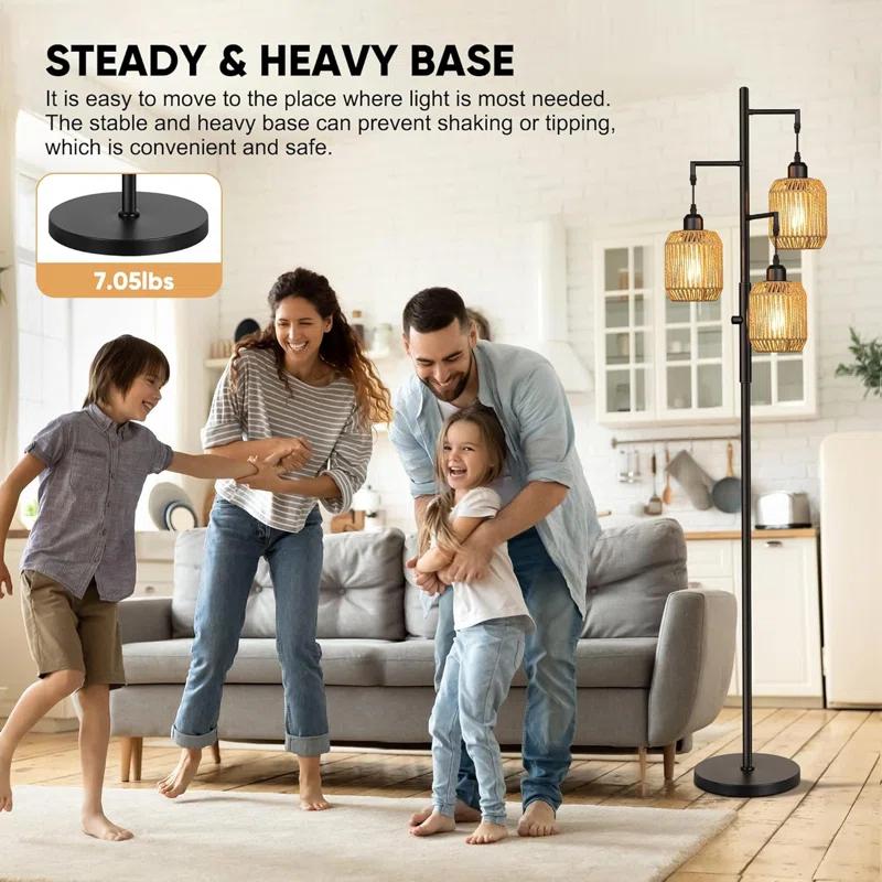 Breakwater Bay Dimmable Boho Floor Lamp - 3 Light Farmhouse Rattan Floor Lamp For Living Room, Industrial Tree Floor Lamps With 3 X 6W LED Bulbs, Rustic Standing Tall Lamp For Bedroom, 68", Black + Gray