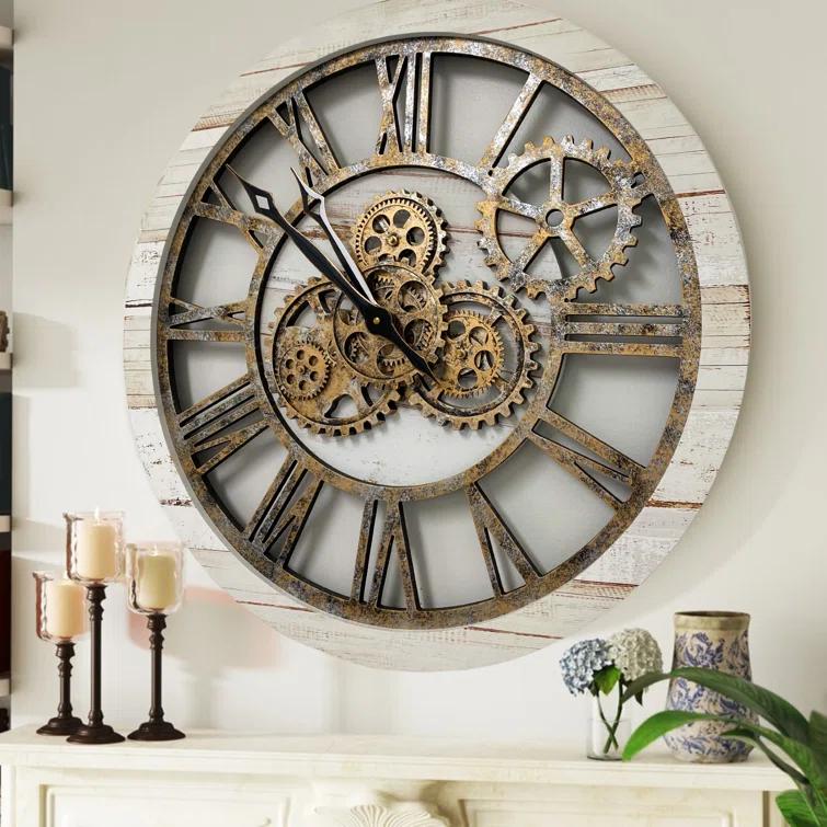 The Gears Clock Wall Clock 24" Round Oversized for Living Room decor with Real Moving Gears America Collection