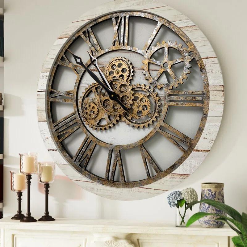 The Gears Clock Wall Clock 24" Round Oversized for Living Room decor with Real Moving Gears America Collection