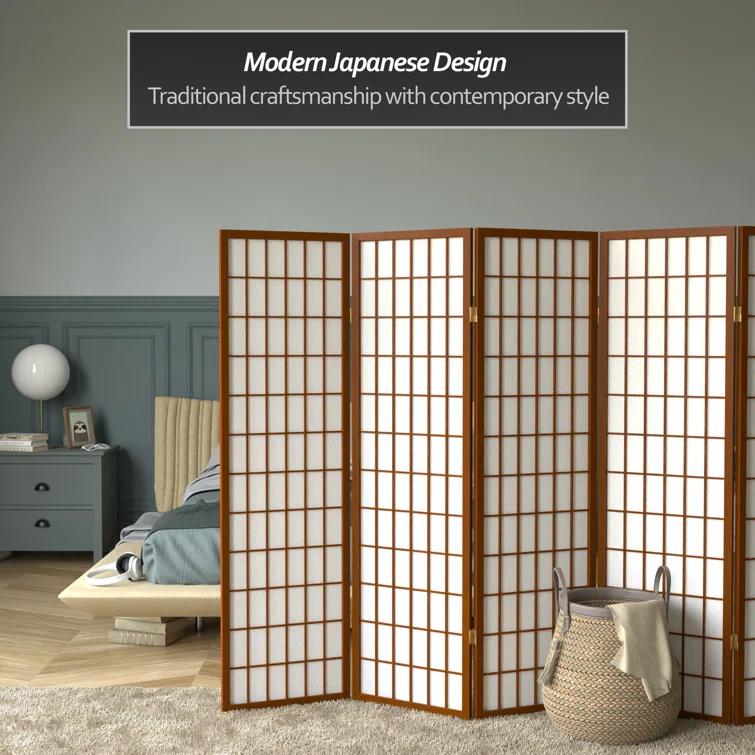 Oriental Furniture 5 ft. Tall Window Pane Shoji Screen - Walnut - 5 Panel