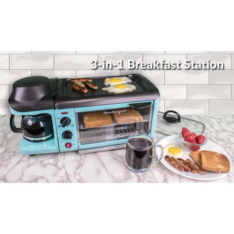 Nostalgia Nostalgia Retro 3-in-1 Family Size Electric Breakfast Station, Coffeemaker, Griddle, Toaster Oven, Aqua