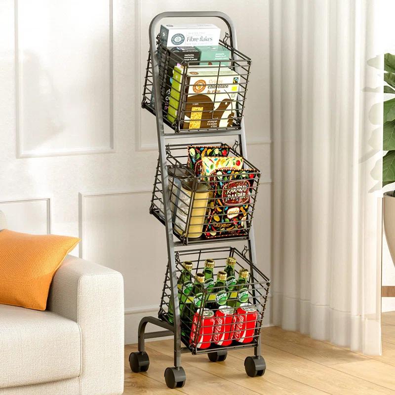 OUMIKEJI 3-Tier Fruit Basket Stand For Kitchen, Wire Market Basket Food Storage Stand With Wheels, Vegetable Produce Pantry Basket Organizer