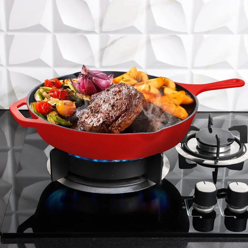 doitbest Pre-Seasoned Cast Iron Skillet with Lid, Grill-Safe Cookware, Red