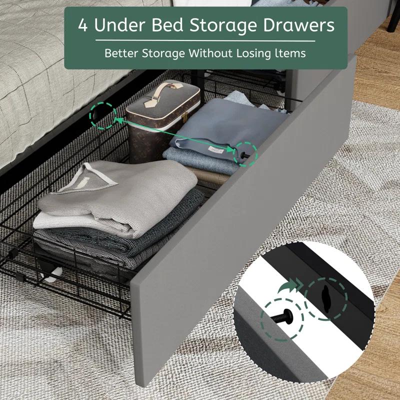Full Size Bed Frame With 4 Storage Drawers And 2 USB Ports, Upholstered Platform Bed Frame With Storage Headboard Charging Station And Metal Slat Support, No Box Spring Needed, Dark Grey