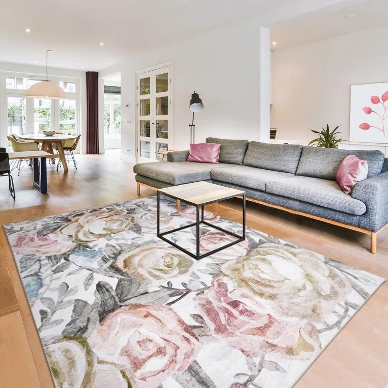 Jasmine Modern Flower Design Machine Washable Area Rug Pink/Yellow/Ivory Multi