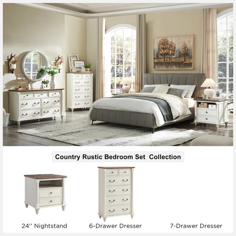 OKD Rushville Farmhouse 2 - Drawers Nightstand with Charging Station, Tall Rustic Wood Square End Table with Open Shelf