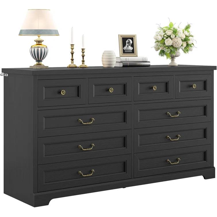 Winston Porter Farmhouse Dresser With 10 Drawers For Bedroom, Wide Dresser Chest Of Drawers, Rustic Wood Storage Dresser With Deep Drawers And Vintage Handle, Large Dresser For Bedroom, Closet, Hallway