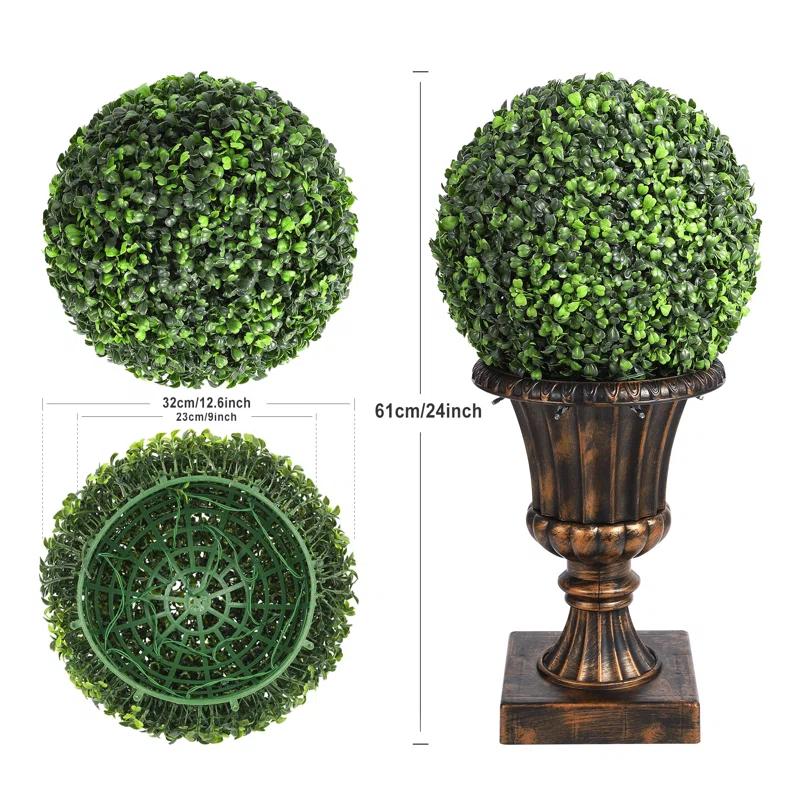 Yuan Home 2Pcs 12” Artificial Plant Topiary Ball With Pot, Faux Boxwood Balls With LED