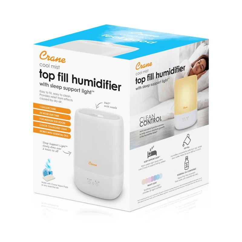 Crane USA Top Fill Cool Mist Humidifier - 1 Gallon with Sleep Support Light & Essential Oil Tray