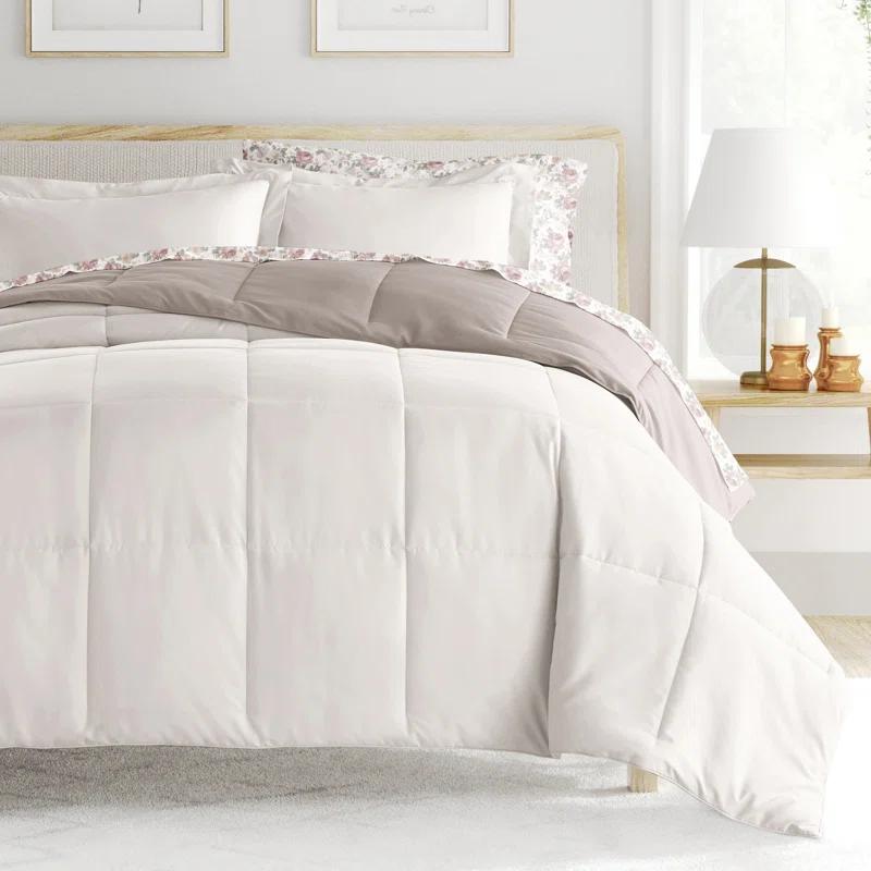 IEnjoy Home 7-Piece Reversible Bedding Bundle - Solid Comforter and Patterned Sheet Set