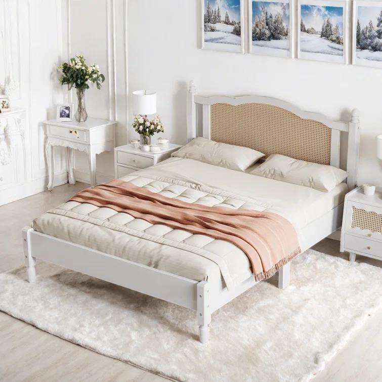 Velvetvanguards Bohemian Wooden Platform Bed With Natural Rattan Headboard And Arc Design