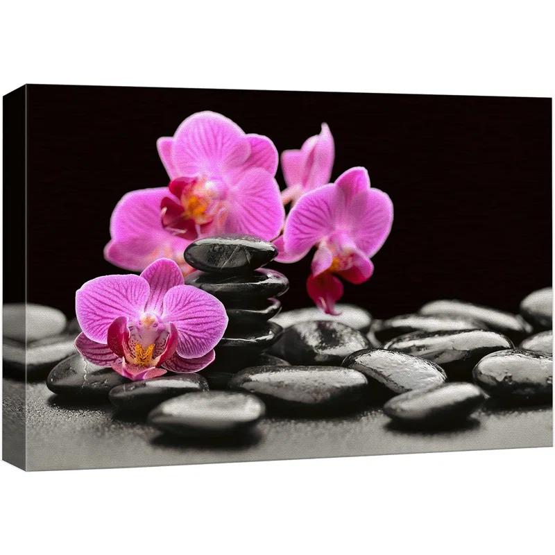 IDEA4WALL Zen Stones Purple Orchid Flowers Black Beach Pebbles Nature Wilderness On Canvas Print
