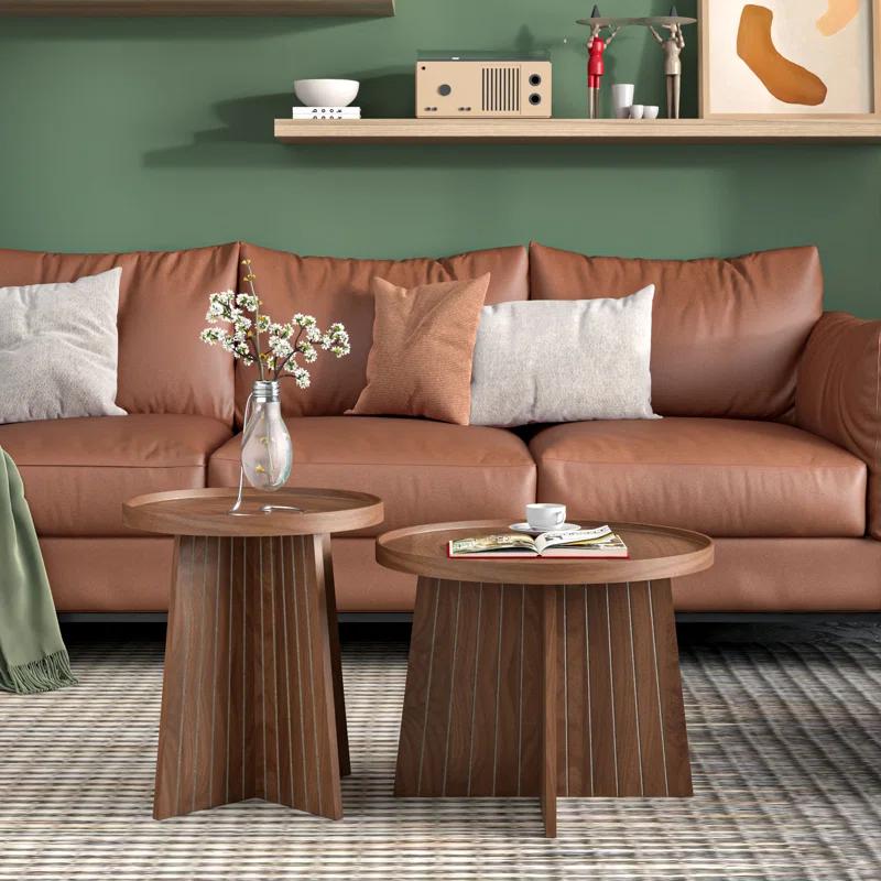 Gracie Oaks Round Fluted Nesting Coffee Table, 2 Piece Coffee Table Set For Living Room, Office, Balcony