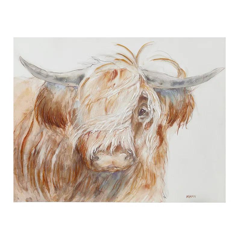 Union Rustic Windswept Hand Embellished Highland Bull Canvas Wall Art