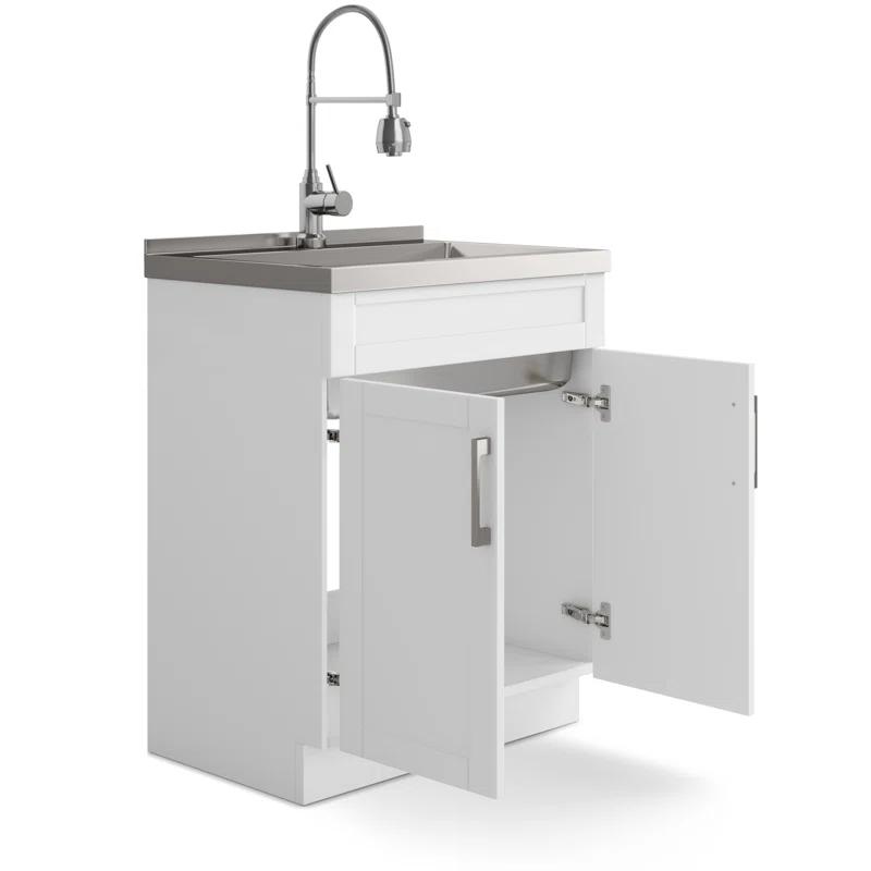 Simpli Home AXCLDYHEN28-SS Hennessy  All-in-One 28-inch Utility Sink & Cabinet in Pure White