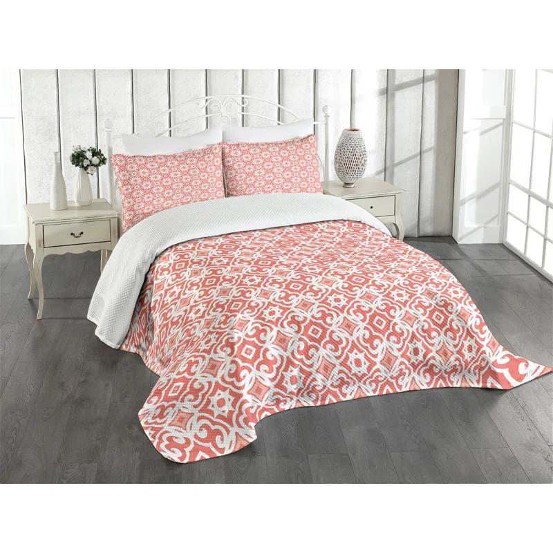 Ambesonne Ambesonne Coral Bedspread Set Vintage Art Deco Pattern Coral Pale Coral White