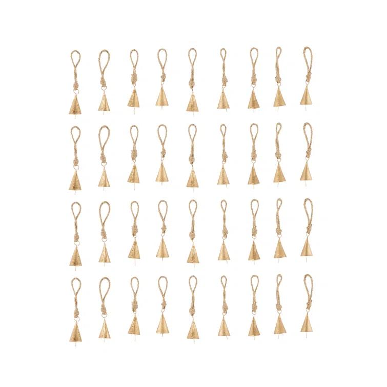 Rosalind Wheeler Metal Tibetan Inspired Indoor Outdoor Gold Decorative Bells With Brown Jute Rope And Canvas Drawstring Tote Set (Set of 36)