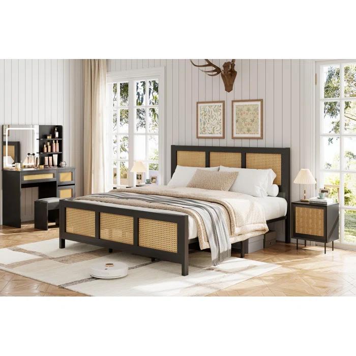 babevy Boho Cane Platform Bed Frame With Strong Metal Slat