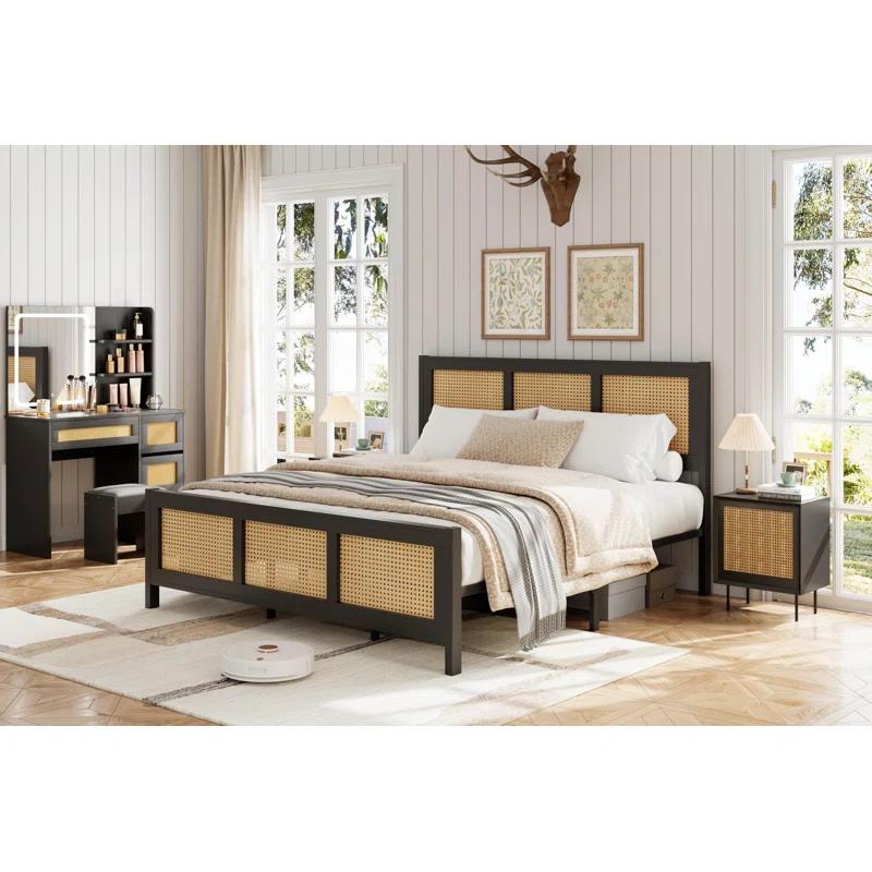 babevy Boho Cane Platform Bed Frame With Strong Metal Slat