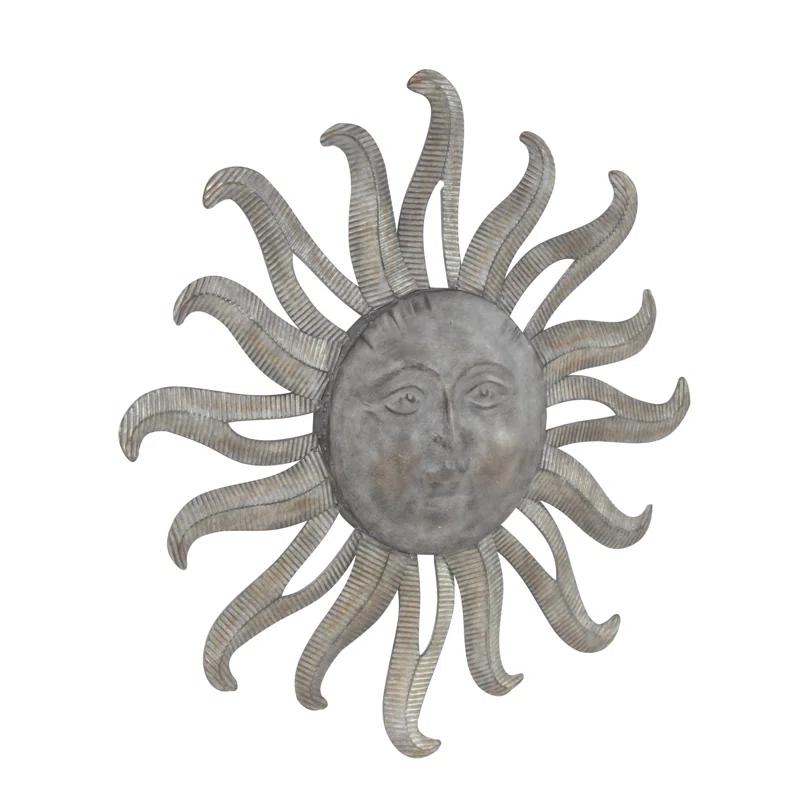 Metal Indoor Outdoor Face Sun Gray Wall Decor with Ribbed Detailing