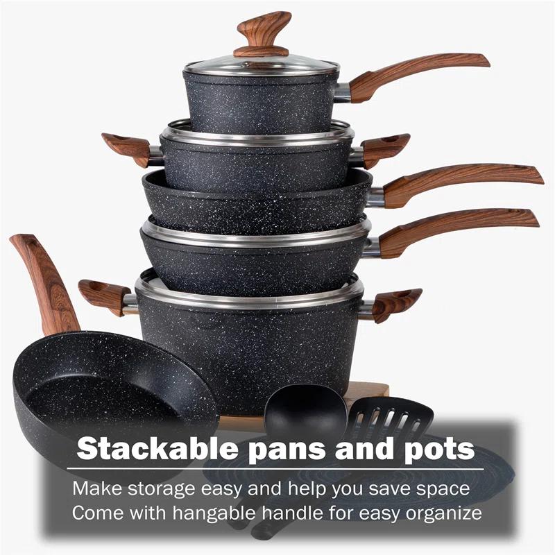 BN-LINKKL Kitchen Academy Induction Cookware Sets - 12 Piece Cooking Pan Set, Granite Black Nonstick Pots And Pans Set