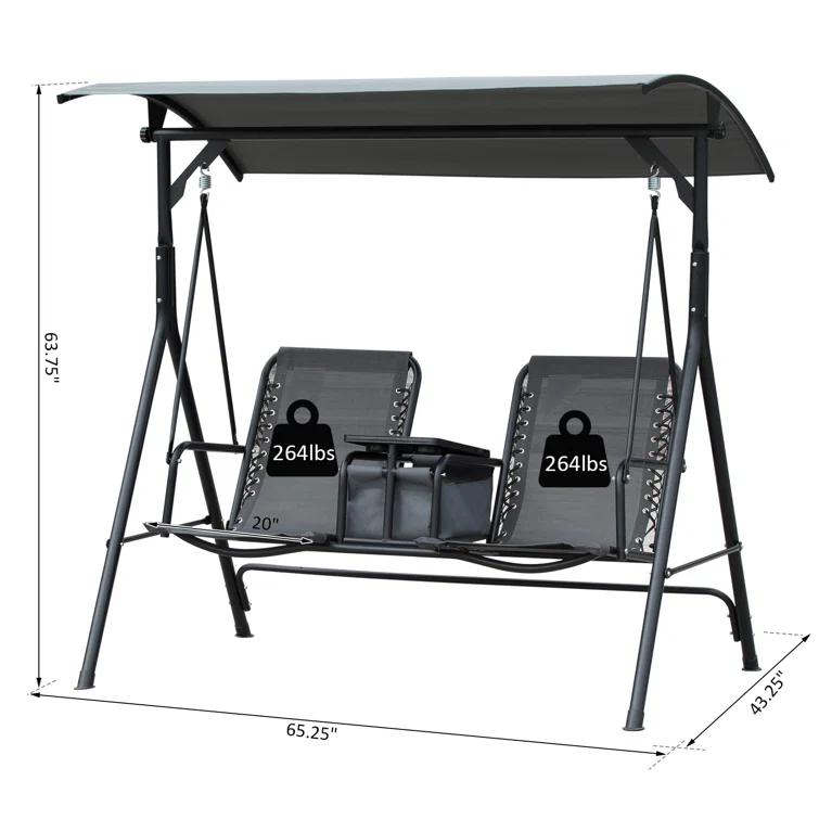 Arlmont & Co. Atay 2 Person Covered Porch Swing with Pivot Storage Table, Cup Holder, & Adjustable Overhead Canopy