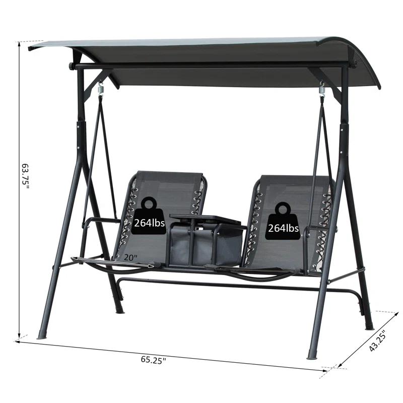 Arlmont & Co. Atay 2 Person Covered Porch Swing with Pivot Storage Table, Cup Holder, & Adjustable Overhead Canopy