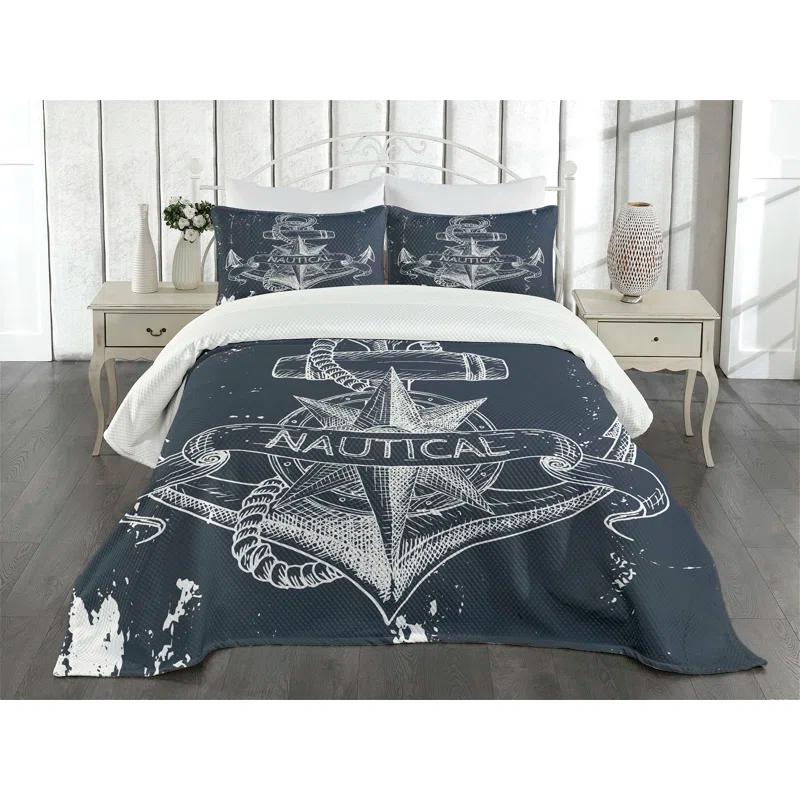 Ambesonne Ambesonne Nautical Bedspread Set Knot Anchor Compass Dark Blue White