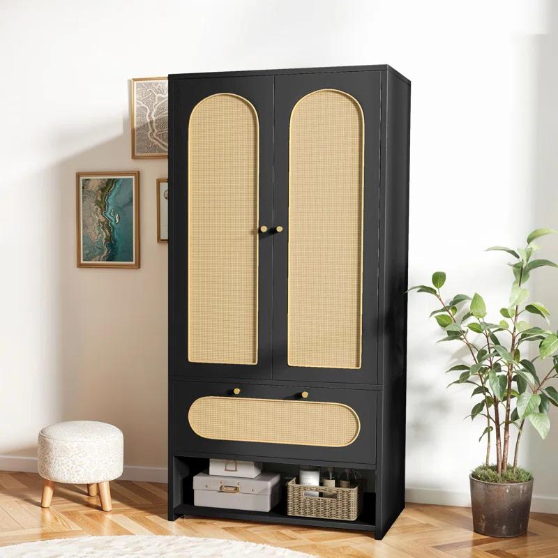 Bay Isle Home™ Modern Rattan Armoire Closet with Doors, Drawer, and Hanging Rod