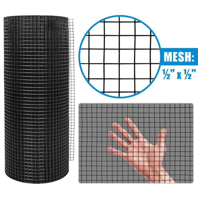 Fencer Wire 19 Gauge Black Vinyl Coated Hardware Cloth, Welded Wire Fence Rolls, Mesh 1/2" X 1/2"