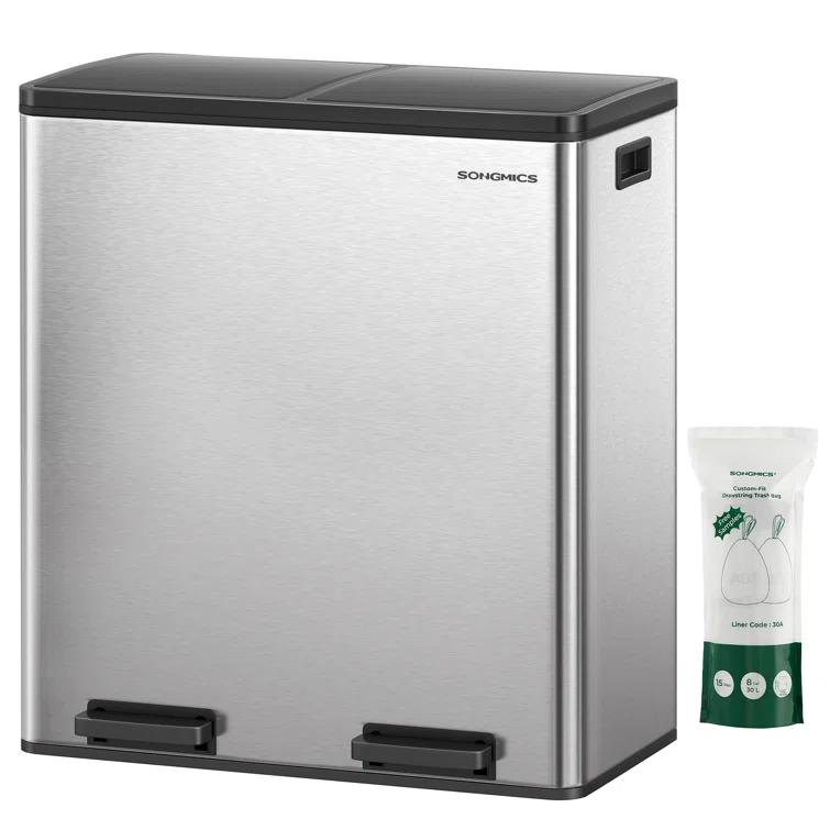 Songmics 2 x 8 Gallon Stainless Steel Multi-Compartments Trash Can with 15 trash bags