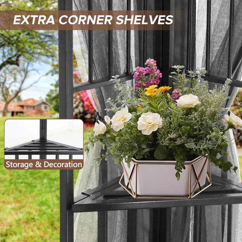 COOS BAY 8 Ft. W x 8 Ft. D Steel Frame Vented Soft Top Patio Gazebo with Mesh Netting, Corner Shelves