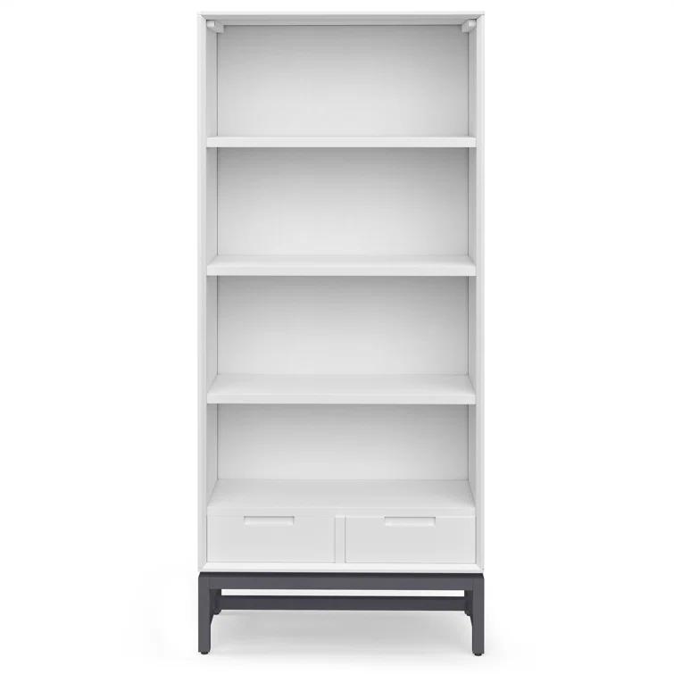 Simpli Home Banting 30"W Solid Wood 4 Shelf Industrial Bookcase with 2 Drawers, Adjustable Shelves, and Metal Base