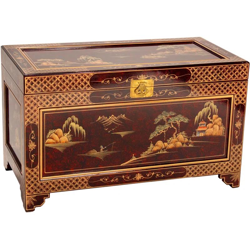 Oriental Furniture Red Lacquer Trunk - Landscape