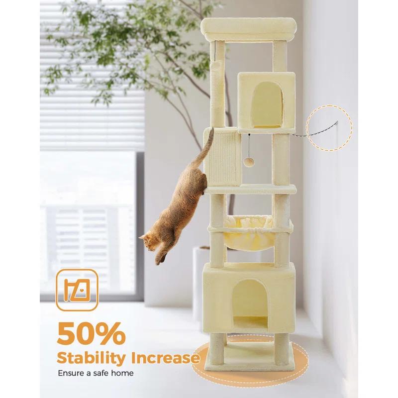71" Indoor Tall Large Cat Tree Multi-Level Cat House With 2 Big Condo Pad Bed, Cozy Hammock And Scratching Posts