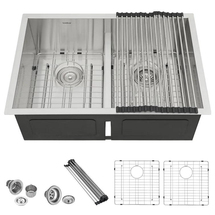 Lordear 28" L x 19" W Undermount Double Bowl 50/50 Kitchen Sink Double Basin 16 Gauge Stainless Steel Sink L28UKS255