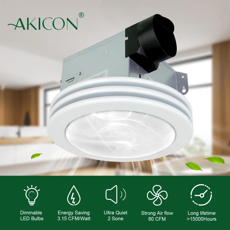 Akicon AK1480-SW 80 CFM Bathroom Fan with LED Light Round Ceiling Exhaust Ventilation Fan