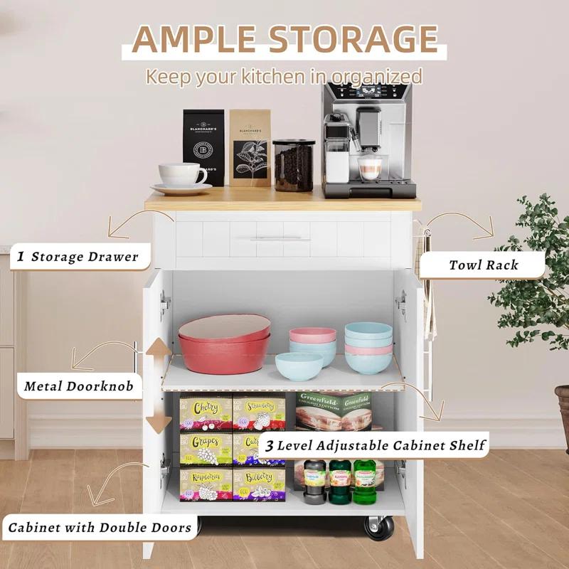 Anadea Kitchen Island Cart With Storage,Rolling Kitchen Island Side Table On Wheels With Worktop,Single Door Storage Cabinet And Drawer For Kitchen,Dinning Room