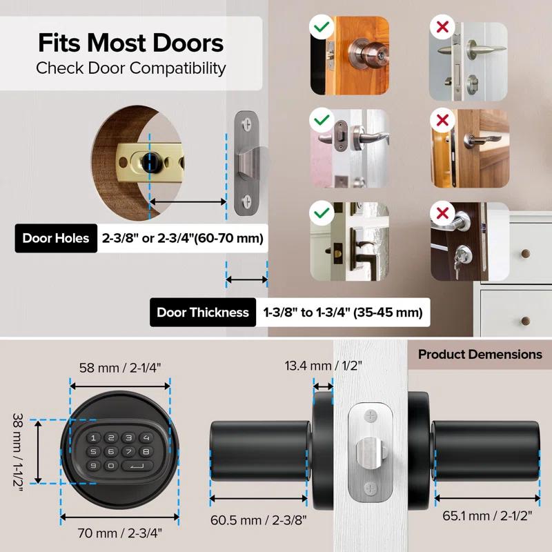 Keyless Entry Door Lock, Fingerprint Door Lock With Keypad Biometric Door Handle, Automatic Locking, For Interior Doors Up To 2-1/4" Thick, Bedroom, Home Office, Garage, 4 AA Alkaline Batteries, MD1 Black