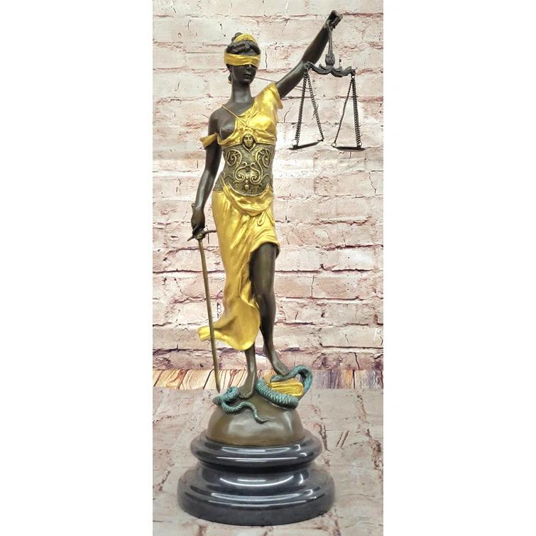 Red Barrel Studio® Blind Lady of Justice Themis Bronze Statue Sculpture Law Attorney Art Gift Gold Patina