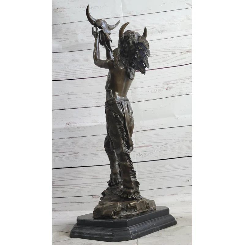 Canora Grey Taylee Native American Indian Shaman Medicine Man Holding Bison Skull Bronze Statue Sculpture 23" X 11"