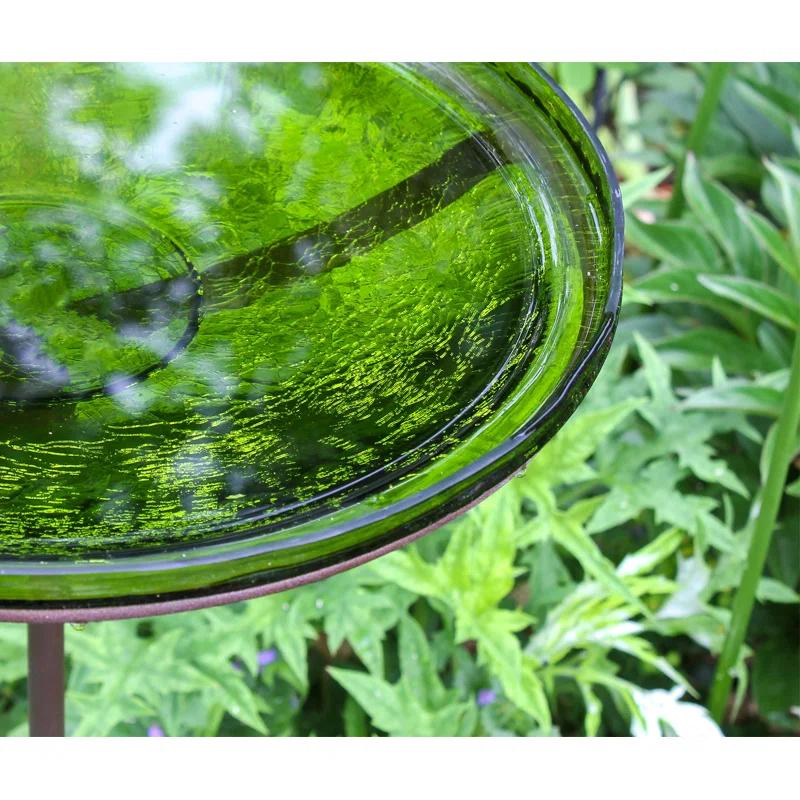 Winston Porter Crackle Glass Birdbath Bowl with Stake, 14-in